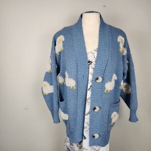 Cute Lamb Sheep 3D Knit Blue Cardigan Fits Large